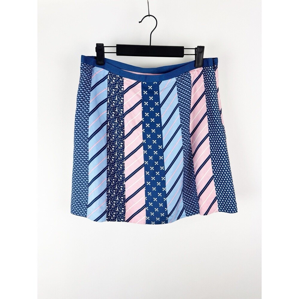 Vineyard Vine Tie Gal Blue Pink Patchwork Nautical 100% Silk A-Line Skirt Size 8